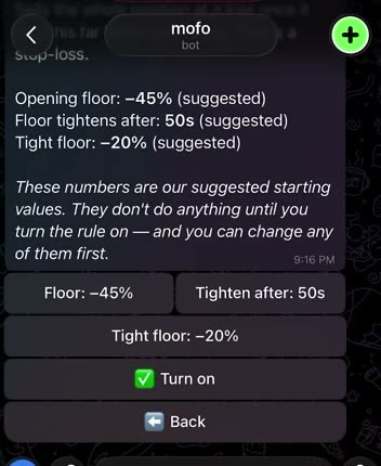 Mofo floor exit setting: opening floor −45% tightening to −20% over 50 seconds