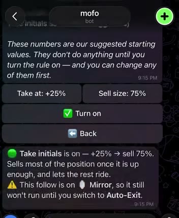 Mofo exit rule: take initials at +25%, sell 75% of the position, let the rest ride